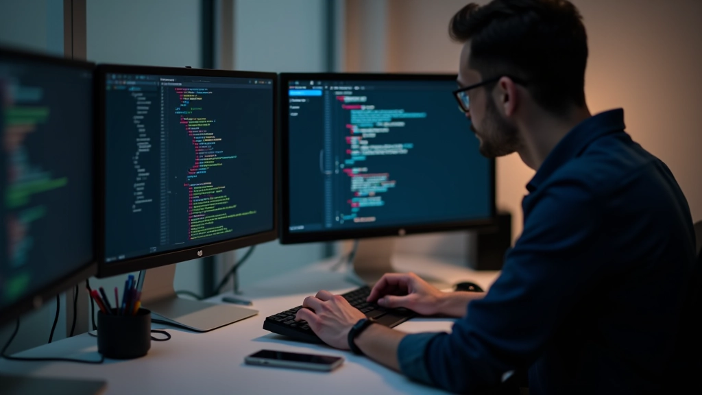 Designer che lavora su animazioni UI al computer con interfaccia colorata sullo schermo